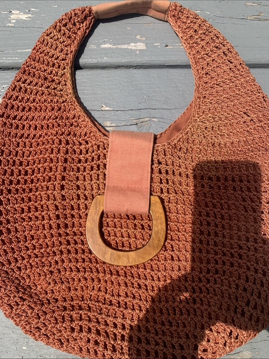 Handbags - Rust Crochet Shoulder Hobo Bag with Wooden Accent